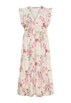Blomstret midi-kjole i let stof, med V-hals, flæseærmer og en samlet talje; nuancer af pink, grøn og creme i designet.