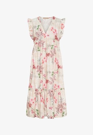 Blomstret midi-kjole i let stof, med V-hals, flæseærmer og en samlet talje; nuancer af pink, grøn og creme i designet.