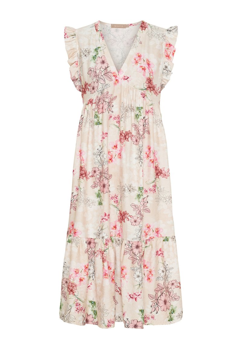 Blommig midiklänning i lätt tyg, med V-ringning, volangärmar och samla midja; nyanser av rosa, grön och kräm i designen.