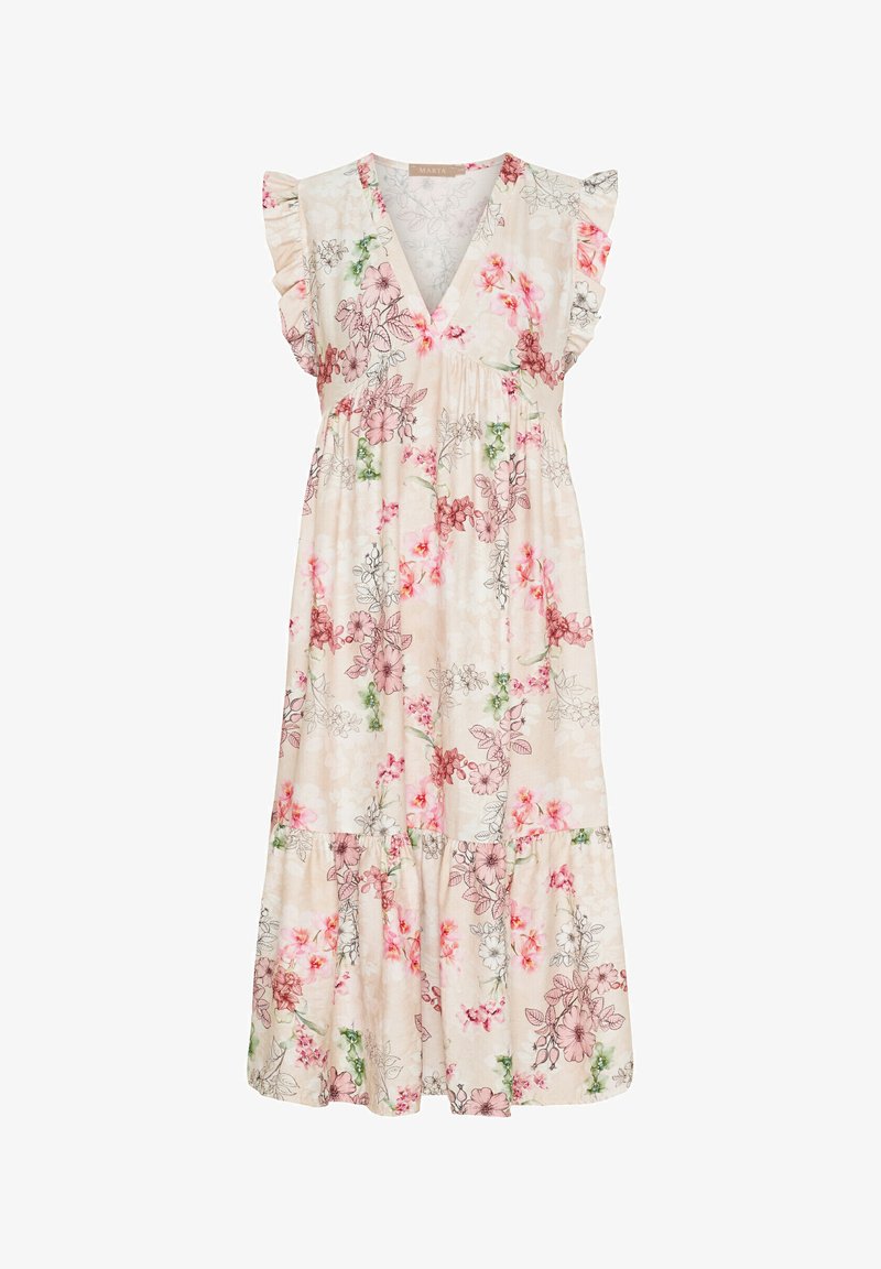 Blommig midiklänning i lätt tyg, med V-ringning, volangärmar och samla midja; nyanser av rosa, grön och kräm i designen.