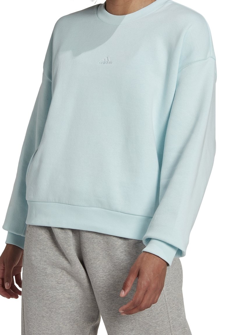 Sweat-shirt bleu clair en tissu doux, avec un col rond et des épaules tombantes. Logo discret sur la poitrine, poignets et ourlet côtes.