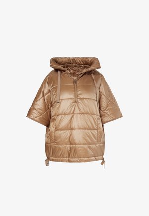 Kurtka puchowa w ciepłym beżowym kolorze, z kapturem, pół-zamkiem z przodu, krótkimi rękawami, pikowanym wzorem oraz regulowanymi sznurkami u dołu.