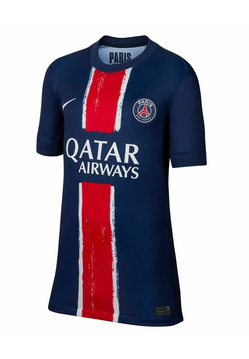 Maillot de football bleu marine avec des rayures verticales rouges et blanches, arborant le logo "QATAR AIRWAYS" en blanc et l'emblème du PSG sur la poitrine gauche.