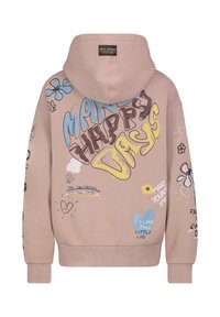 Roze sweatshirt met capuchon, voorzien van kleurrijke graffiti-stijl tekst en bloemmotieven. Geribbelde manchetten en tailleband met een label aan de achterkant.
