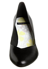 Black leather pump with a pointed toe and low cut sides. Inside features a floral pattern on the insole. Smooth texture and sleek design.