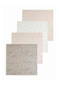 Set of four placemats: beige with black leopard spots, soft pink with small dots, white with heart patterns, soft pink without patterns.