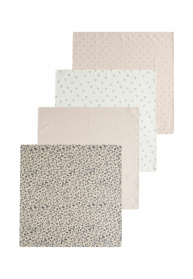 Set of four placemats: beige with black leopard spots, soft pink with small dots, white with heart patterns, soft pink without patterns.