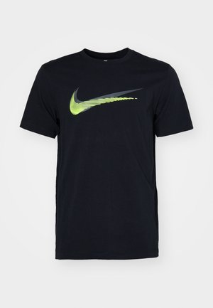 Black short-sleeve T-shirt made of cotton featuring a large green and gray Nike logo on the front, with a round neckline.