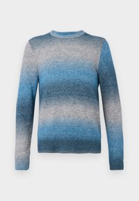 Pull en dégradé bleu en matériau doux, avec un col rond, des manches longues et un ourlet côtelé. Les couleurs varient du bleu clair au bleu foncé.
