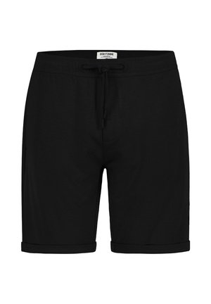 Schwarze Freizeitshorts mit Kordelzug in der Taille, aufgerollten Säumen und Vordertaschen, entworfen für eine lockere Passform.