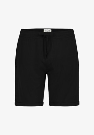 Schwarze Freizeitshorts mit Kordelzug in der Taille, aufgerollten Säumen und Vordertaschen, entworfen für eine lockere Passform.