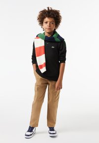 Black long-sleeve polo shirt with green logo, tan cargo pants, and white-blue sneakers. A striped knitted sweater rests over the shoulders.