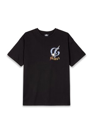 Camiseta negra de manga corta con un logotipo multicolor en la parte izquierda del pecho, con un diseño moderno y un corte relajado. Material de algodón.