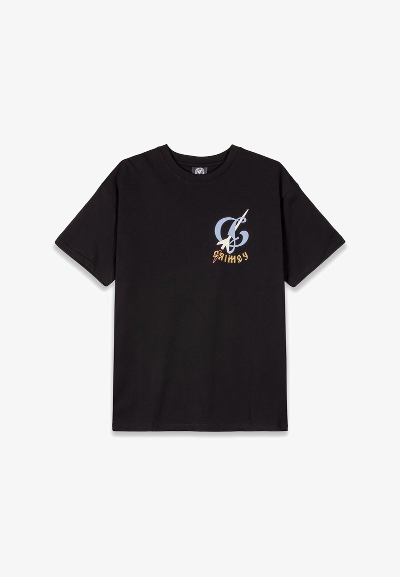 Camiseta negra de manga corta con un logotipo multicolor en la parte izquierda del pecho, con un diseño moderno y un corte relajado. Material de algodón.