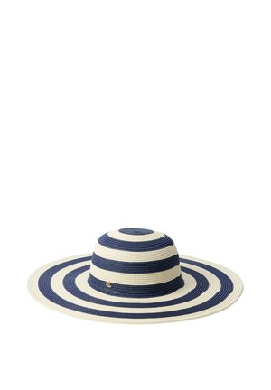 Cappello da sole a tesa larga con strisce alternate blu navy e bianche e un piccolo logo dorato sul lato della corona.