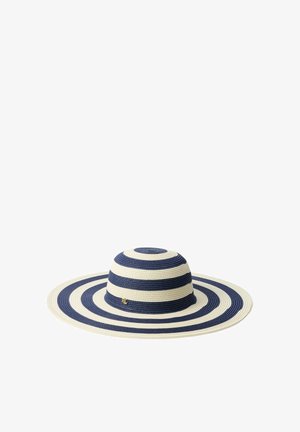 Cappello da sole a tesa larga con strisce alternate blu navy e bianche e un piccolo logo dorato sul lato della corona.