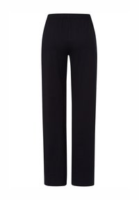 Mustat joustavat vyötäröhousut suoran lahjevikauksen kanssa, valmistettu pehmeästä ja hengittävästä kankaasta. Ei näkyviä kuoseja tai varusteita.