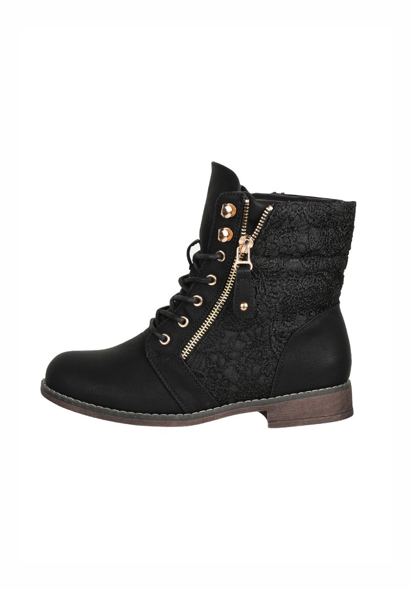 Stivaletti neri alla caviglia con un pannello in pizzo testurizzato, cerniera dorata e lacci. Presentano una punta arrotondata e un tacco in legno basso.