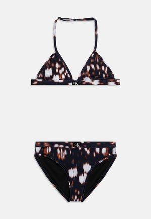 Black and orange tie-dye bikini set featuring a triangular bralette with adjustable straps and matching low-rise bottoms, both with logo accents.