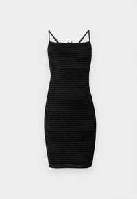 Svart, ermeløs bodycon-kjole med et teksturert logomønster, som har tynne stropper og en tettsittende design. Glatt stoff, mid-thigh lengde.