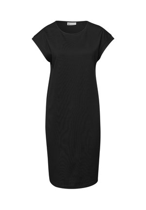 Černé šaty ke kolenům s krátkými ohrnutými rukávy a kulatým výstřihem, zobrazené na bílém pozadí.
