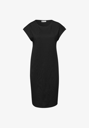 Zwarte knielange jurk met korte opgerolde mouwen en een ronde hals, afgebeeld op een witte achtergrond.