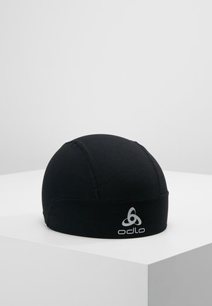 Black beanie made from a flexible, textured fabric with contrasted seams. Features a visible silver logo on the front. Round shape.