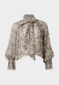 Blouse à manches longues avec imprimé serpent beige et noir, col montant avec nœud, manches larges avec poignets ajustés et ourlet asymétrique.