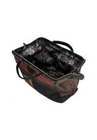 Grande borsa a tracolla con esterno in tessuto trapuntato marrone, borgogna e nero. L'interno presenta una fodera nera con motivo a rose. Include manici doppi.