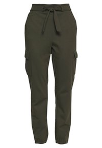 Cargo-byxor i mörkgrönt tyg, med dragsko i midjan, sidofickor och nederdel med tapered design samt elastiska muddar.