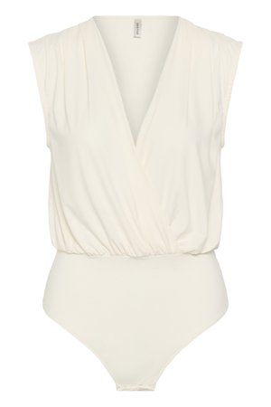Body sans manches couleur crème avec un profond décolleté en V, épaules plissées et taille froncée.