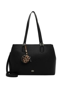 Black leather handbag with two handles, textured surface, gold accents, and a detachable leopard print pouch. Adjustable shoulder strap included.
