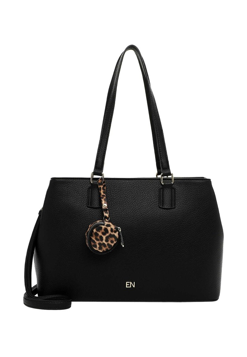 Black leather handbag with two handles, textured surface, gold accents, and a detachable leopard print pouch. Adjustable shoulder strap included.