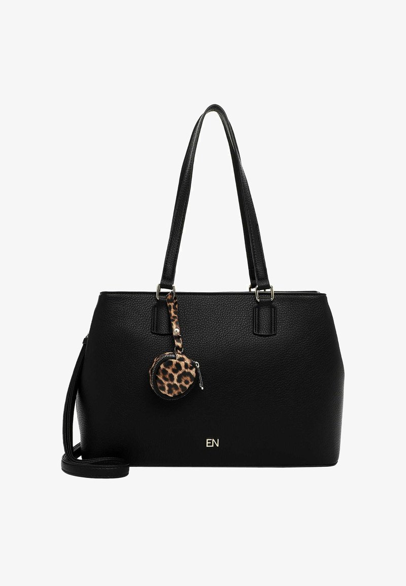 Black leather handbag with two handles, textured surface, gold accents, and a detachable leopard print pouch. Adjustable shoulder strap included.