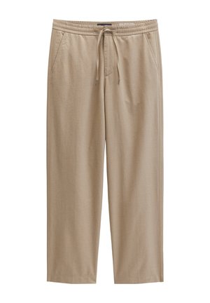 Beige Freizeithosen mit elastischem Bund, verstellbarem Kordelzug, Seitentaschen und geraden Beinen, dargestellt vor weißem Hintergrund.