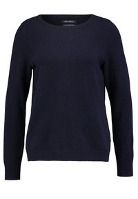 Pull marine foncé avec un col rond, des manches longues, des poignets et un ourlet côtelés, fabriqué dans un matériau doux mélangé coton-wool.