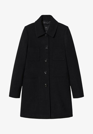 Zwarte wollen jas met lange mouwen, kraag met revers, knoopsluiting aan de voorkant, twee opgestikte borstzakken en twee steekzakken aan de zijkant.