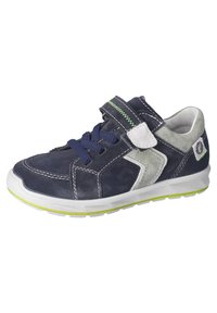 Navy blue suede sneaker with gray accents, white stitching, and a Velcro strap. Features a textured sole with a green highlight.