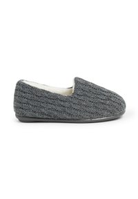 Pantofole grigie in maglia con superficie testurizzata, interno morbido, punta arrotondata e suola in gomma piatta per comfort e stabilità.