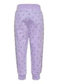 Pantalons de jogging lilas en coton doux, avec un petit motif floral et des accents dorés rayés sur les côtés. Taille élastique et poignets.