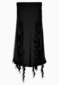 Schwarzes Kleid aus glattem Stoff mit gerafften Akzenten an den Seiten und einer fließenden Silhouette, mit gerade verlaufendem Ausschnitt und Saum.