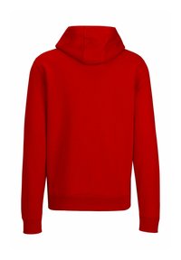 Rode hoodie met lange mouwen, een kangoeroezak en ribgebreide manchetten en zoom. Gladde textuur en effen kleur zonder patronen.