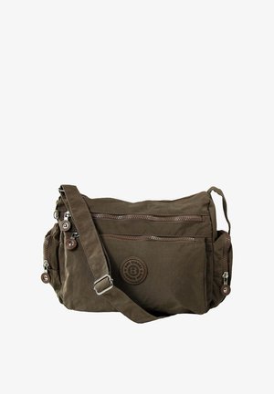 Braune Stoff-Umhängetasche mit einem großen Hauptfach, zwei Reißverschluss-Vordertaschen und einem abnehmbaren Schultergurt. Mit Logo-Patch.