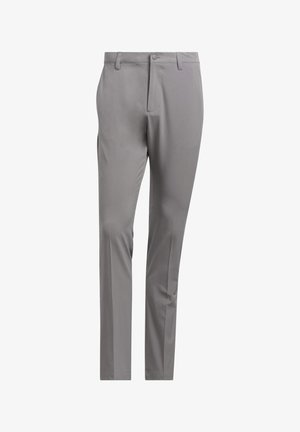 Lichtgrijze broek met een gladde textuur, rechte pijpen en een knoopsluiting in de taille. Geen zichtbare patronen of accenten.