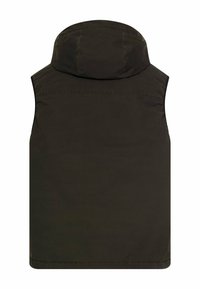 Dunkelgrüne, gepolsterte Weste mit hohem Kragen und glatter, wasserabweisender Oberfläche. Sie besticht durch ein minimalistisches Design und ärmellosen Schnitt.