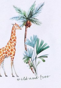 Die Illustration zeigt eine Giraffe mit orange-braunen Flecken neben Palmen. Darunter steht der Text "wild und frei". Der Hintergrund ist weiß.