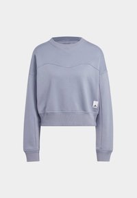 Sudadera corta de color púrpura claro con cuello redondo, mangas largas, puños acanalados y un patrón de costura en contraste en el pecho. Presenta un parche con logotipo.