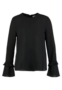 Sort bluse med lange ærmer og flæser ved håndleddene. Glat stof med rund halsudskæring og lukning på ryggen. Simpelt, elegant design.