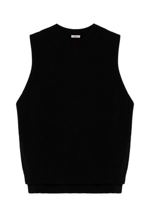 Zwart mouwloos gebreid truitje met een ronde hals, voorzien van geribde randen en een zachte textuur. Eenvoudig, recht gesneden ontwerp.