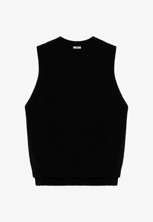 Zwart mouwloos gebreid truitje met een ronde hals, voorzien van geribde randen en een zachte textuur. Eenvoudig, recht gesneden ontwerp.